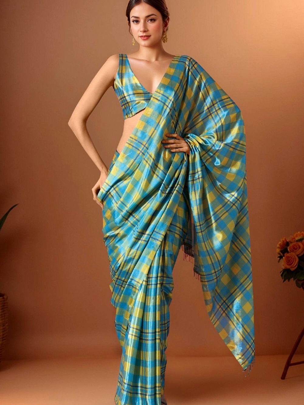Blue and Yellow Plaid Women's Pre Draped Saree